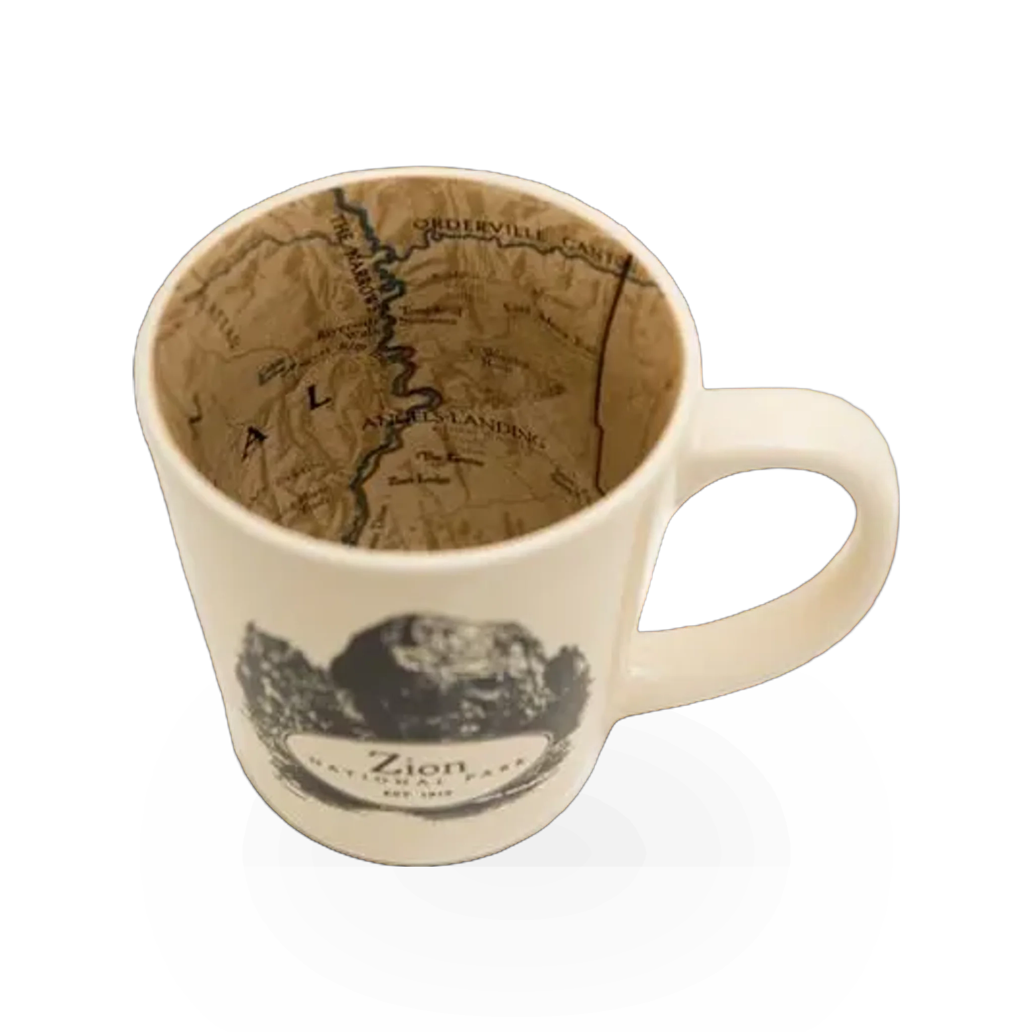 Map-themed ceramic mug featuring Zion National Park design by McGovern Maps, with scenic landscape illustration.