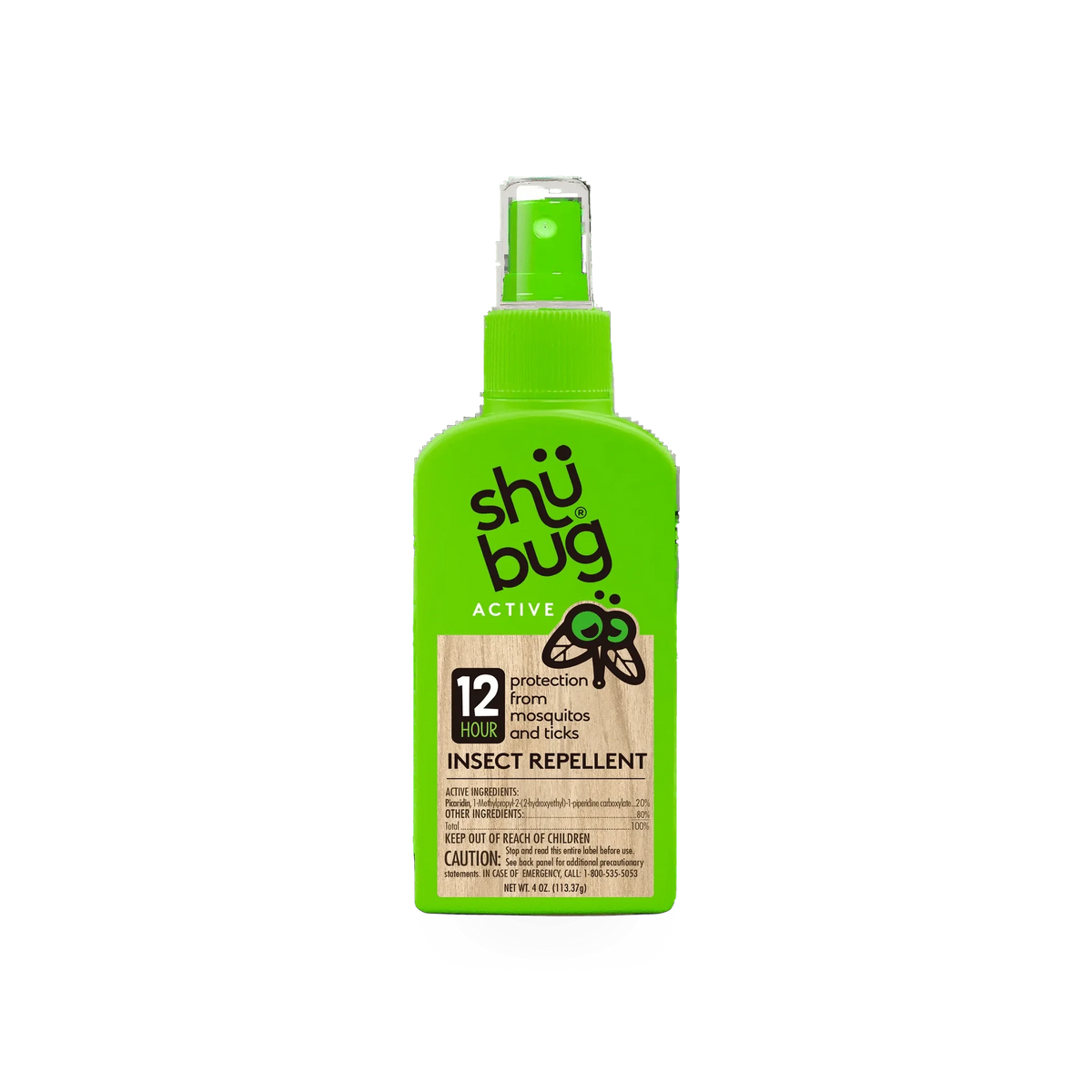 Shubug Active insect repellent in a 4oz pump bottle, designed for safety and protection against insects.