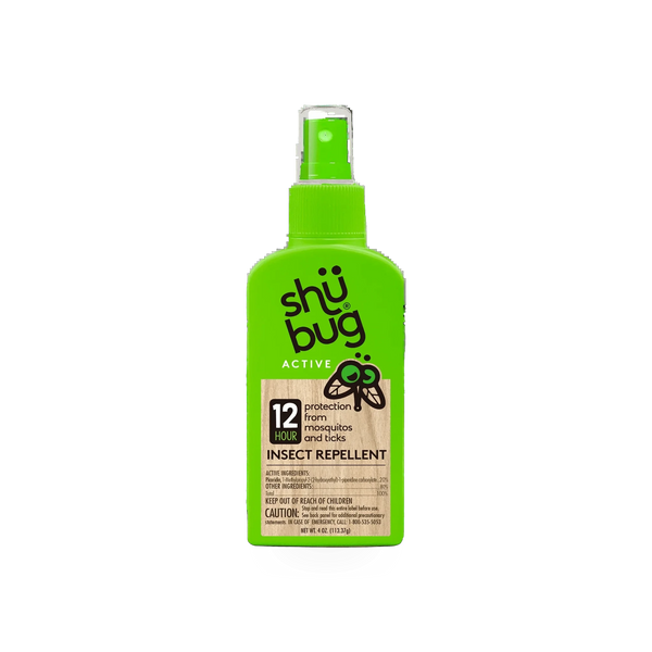 Shubug Active insect repellent in a 4oz pump bottle, designed for safety and protection against insects.