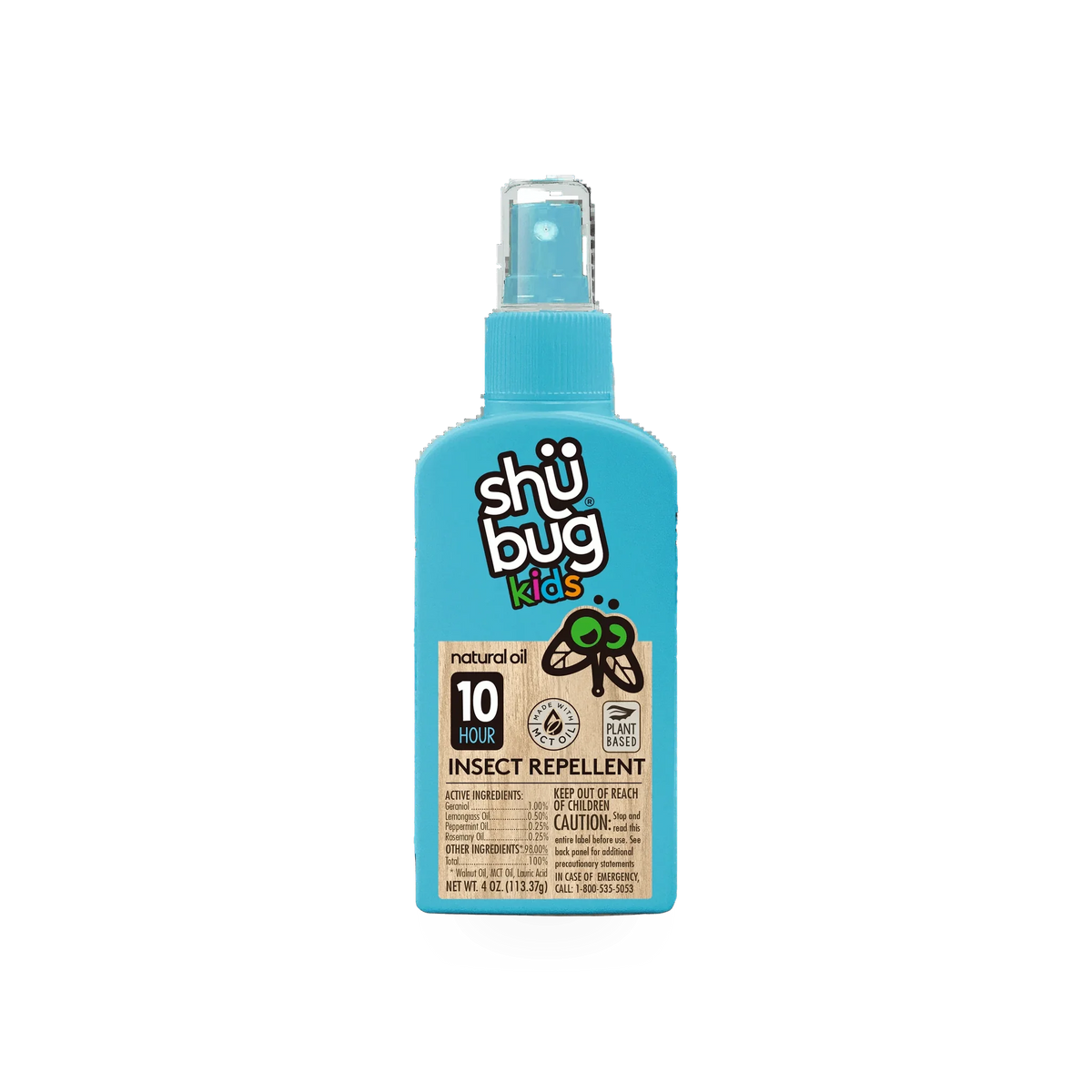 Shubug Kids insect repellent spray in a 4oz pump bottle, designed for safe use on children to repel insects.