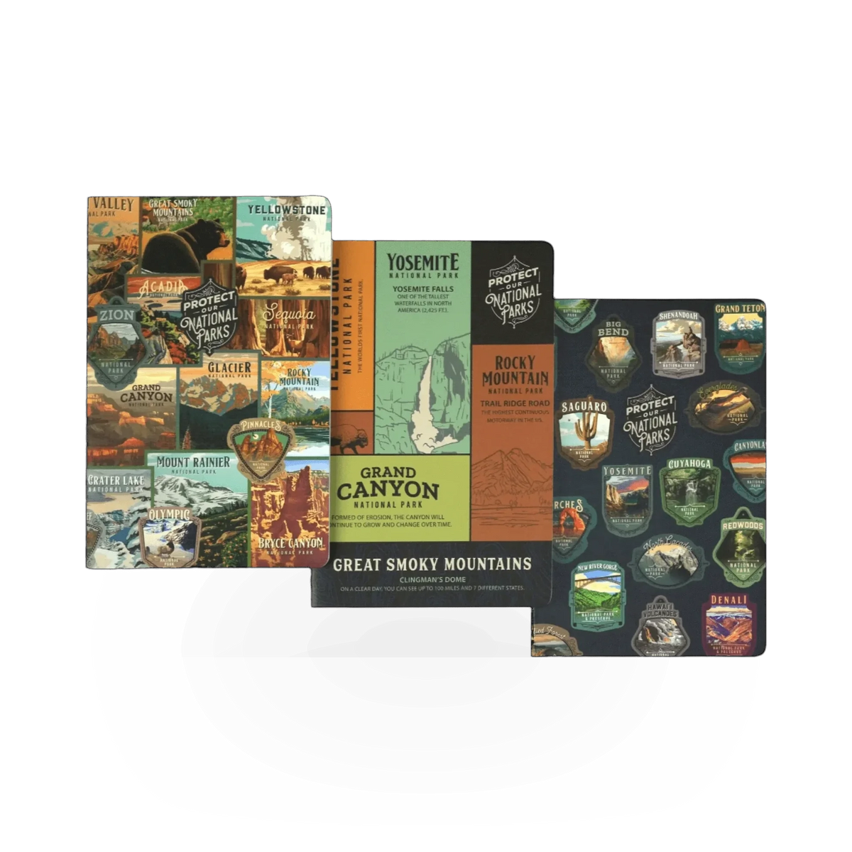 Set of three Lantern Press National Park protect-themed journals with nature-inspired covers and durable binding.