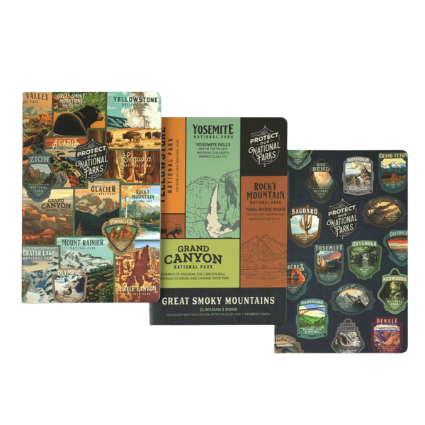 Set of three Lantern Press National Park protect journals featuring nature-inspired covers for writing and note-taking.