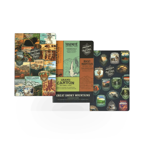 Set of three Lantern Press National Park protect-themed journals with nature-inspired covers and durable binding.