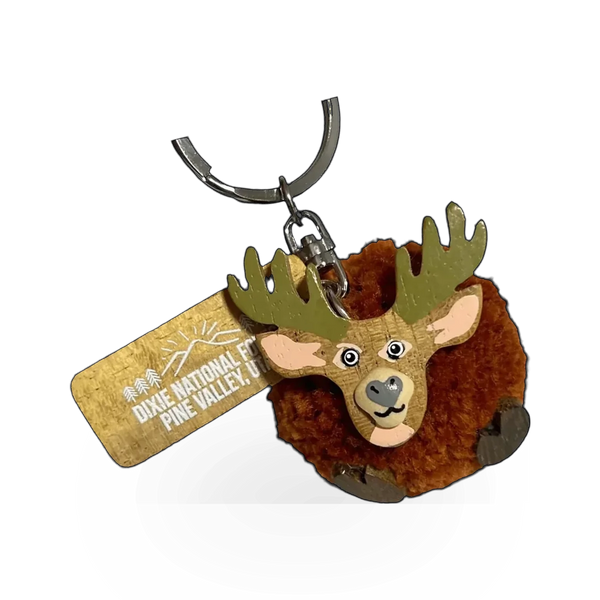 Impact Photographics Dixie Natl Forest PV Pom Pom Elk keychain featuring a festive elk design with colorful pom pom accents.