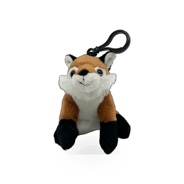 Unipak plush fox charm keychain, 3.5-inch soft fox pendant with detailed features, attached to a sturdy keyring.