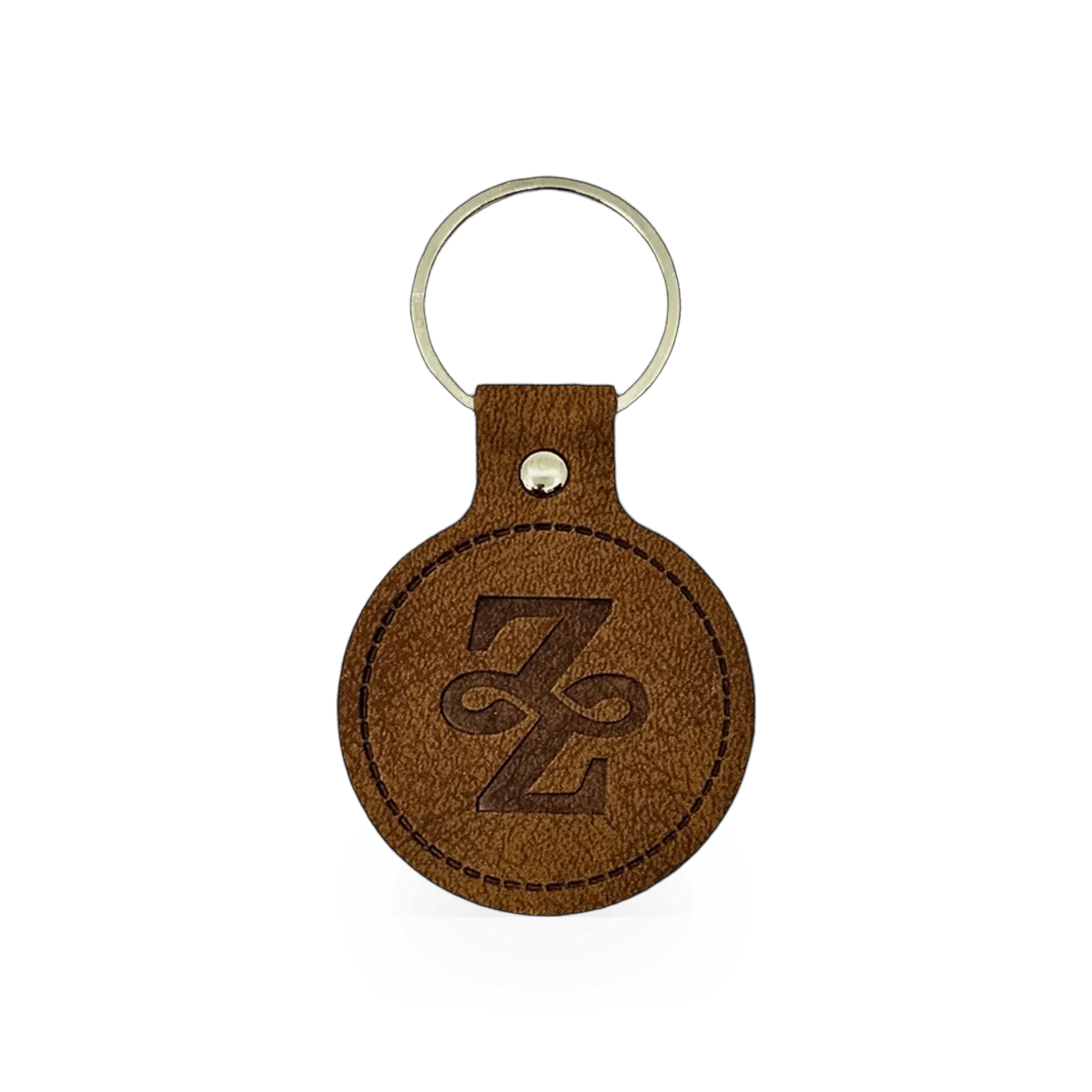 Leather keychain with ZFP logo by Impact Photographics, featuring a sleek design and metal keyring attachment.