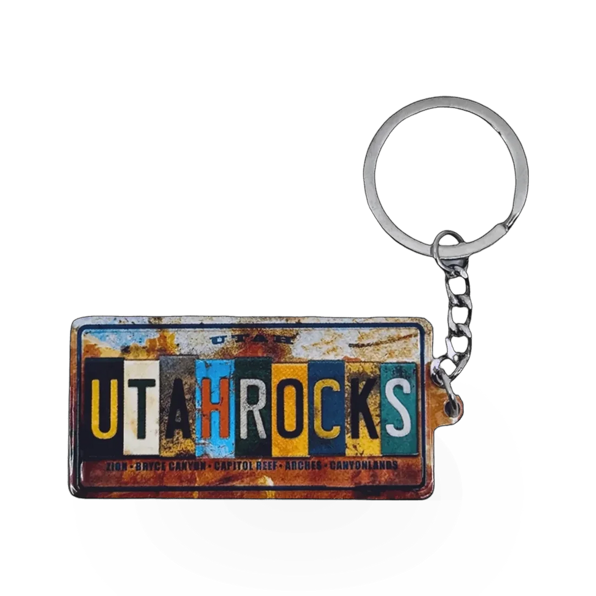Impact Photographics Utah Rocks License keychain featuring a scenic Utah rock formation design.