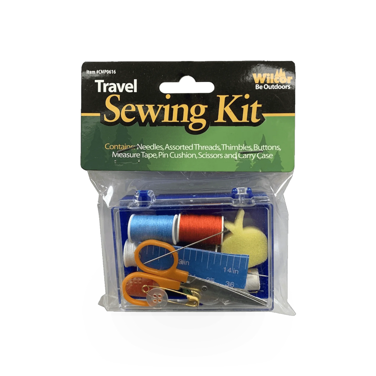 Safety travel sewing kit by Wilcor International with sewing needles, thread, and small tools in a compact case.