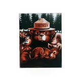 Magnet badge featuring Smokey Bear and friends from CEBR, Impact Photographics, with colorful cartoon design.