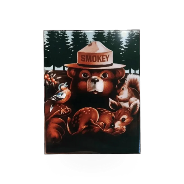Magnet badge featuring Smokey Bear and friends from CEBR, Impact Photographics, with colorful cartoon design.