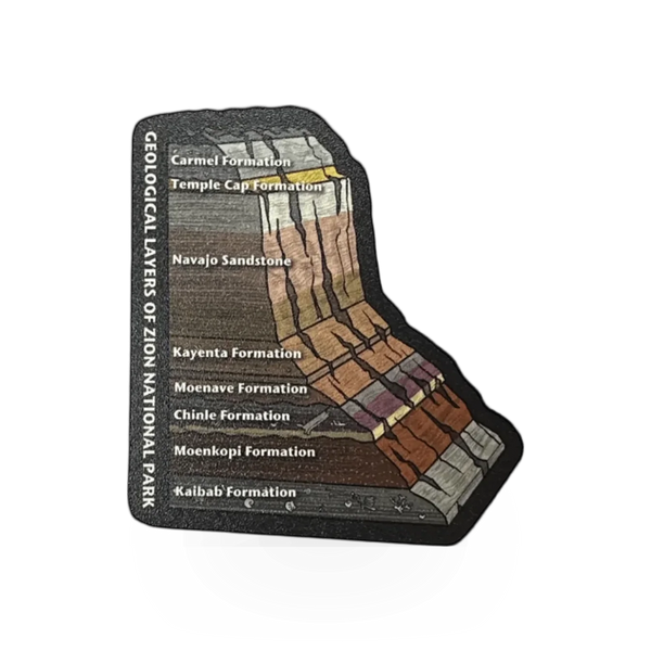 Magnet featuring rock layers design from McGovern Maps VA collection, showcasing detailed geological strata in vivid colors.