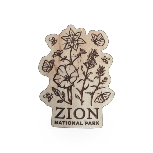 Wood Pollinator Zion magnet by Steamer Lane Design featuring a natural wood finish and detailed botanical design.