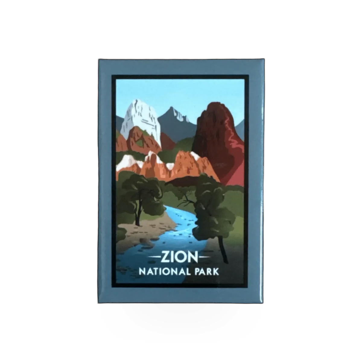 Eagle River Designs Zion National Park composite magnet featuring scenic landscape and park emblem.