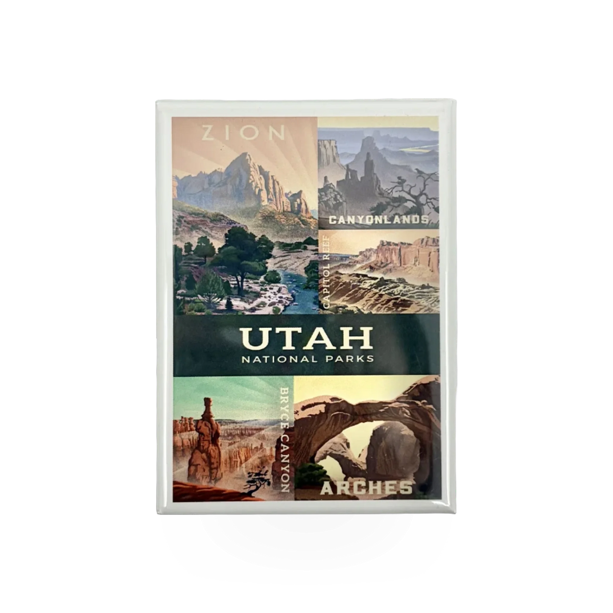 Lantern Press Utah Parks Badge magnet featuring a colorful design of Utah national parks, ideal for fridge or display.