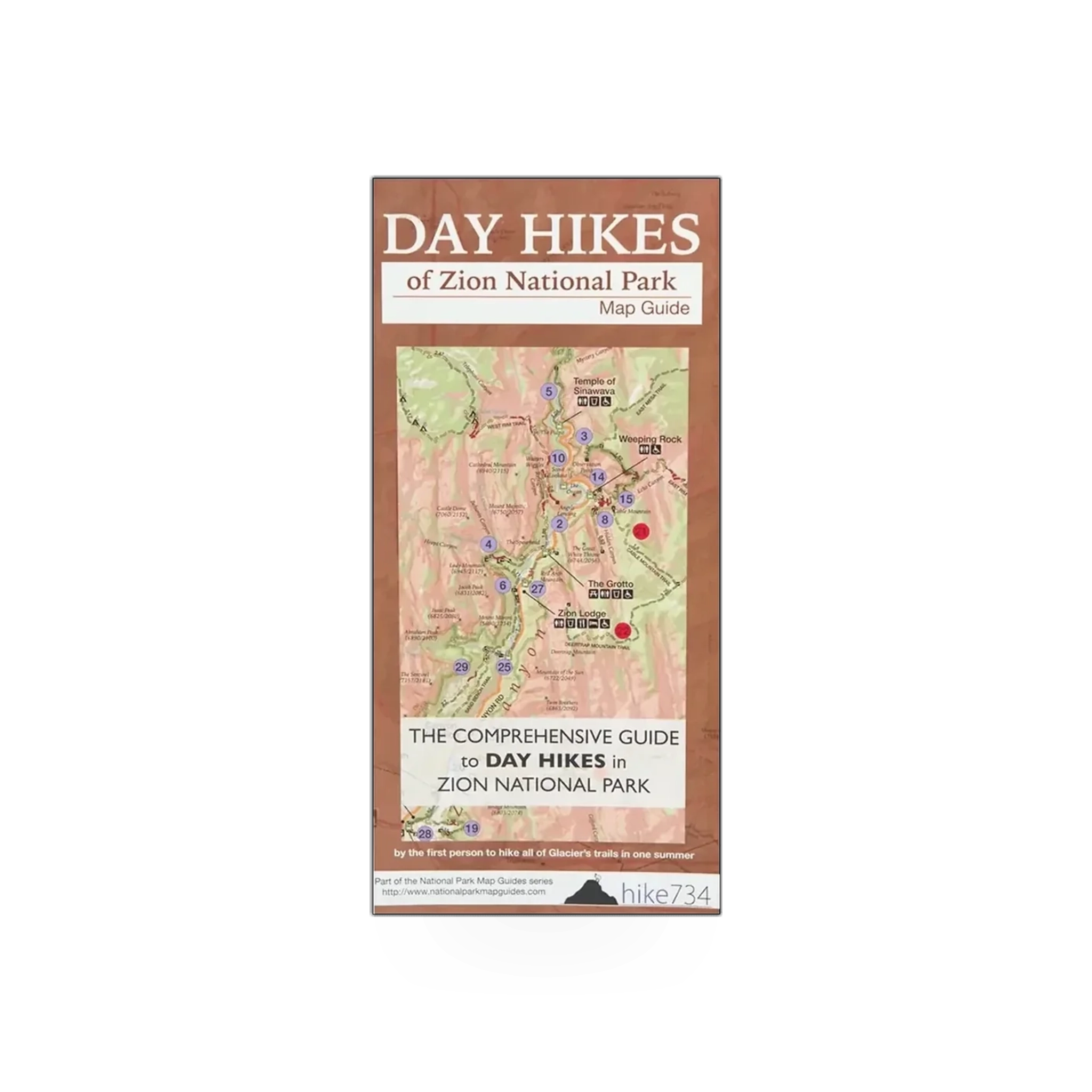 Map of Zion National Park day hikes by Farcountry Press, showing detailed trail routes and scenic areas in Zion.