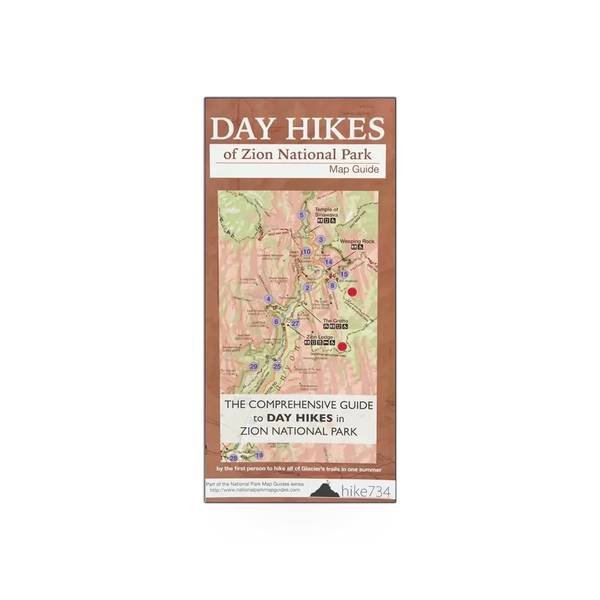 Map of Zion National Park day hikes by Farcountry Press, showing detailed trail routes and scenic areas in Zion.