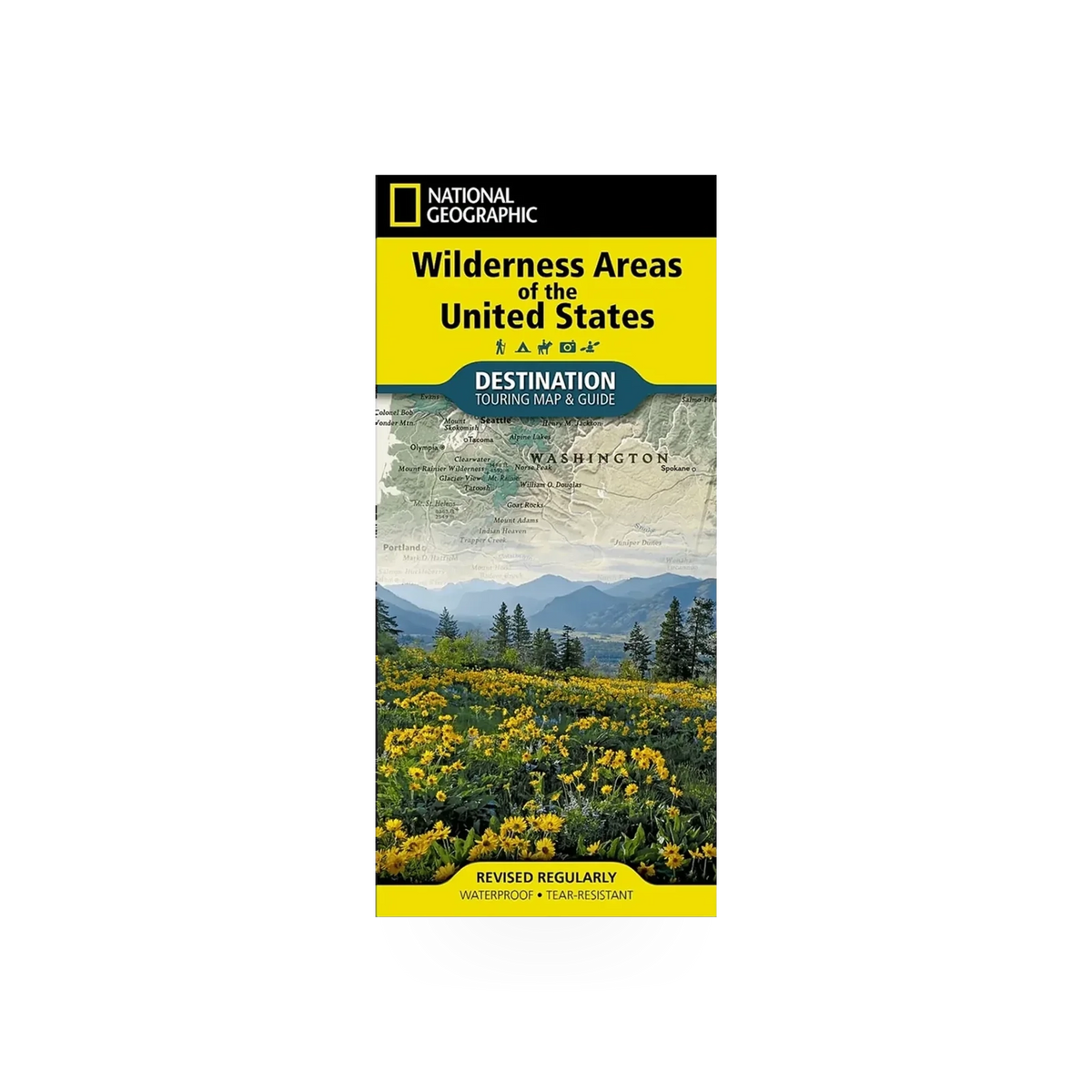 Detailed National Geographic Wilderness Areas US map showing natural parks and protected regions in vibrant colors and detailed labels.