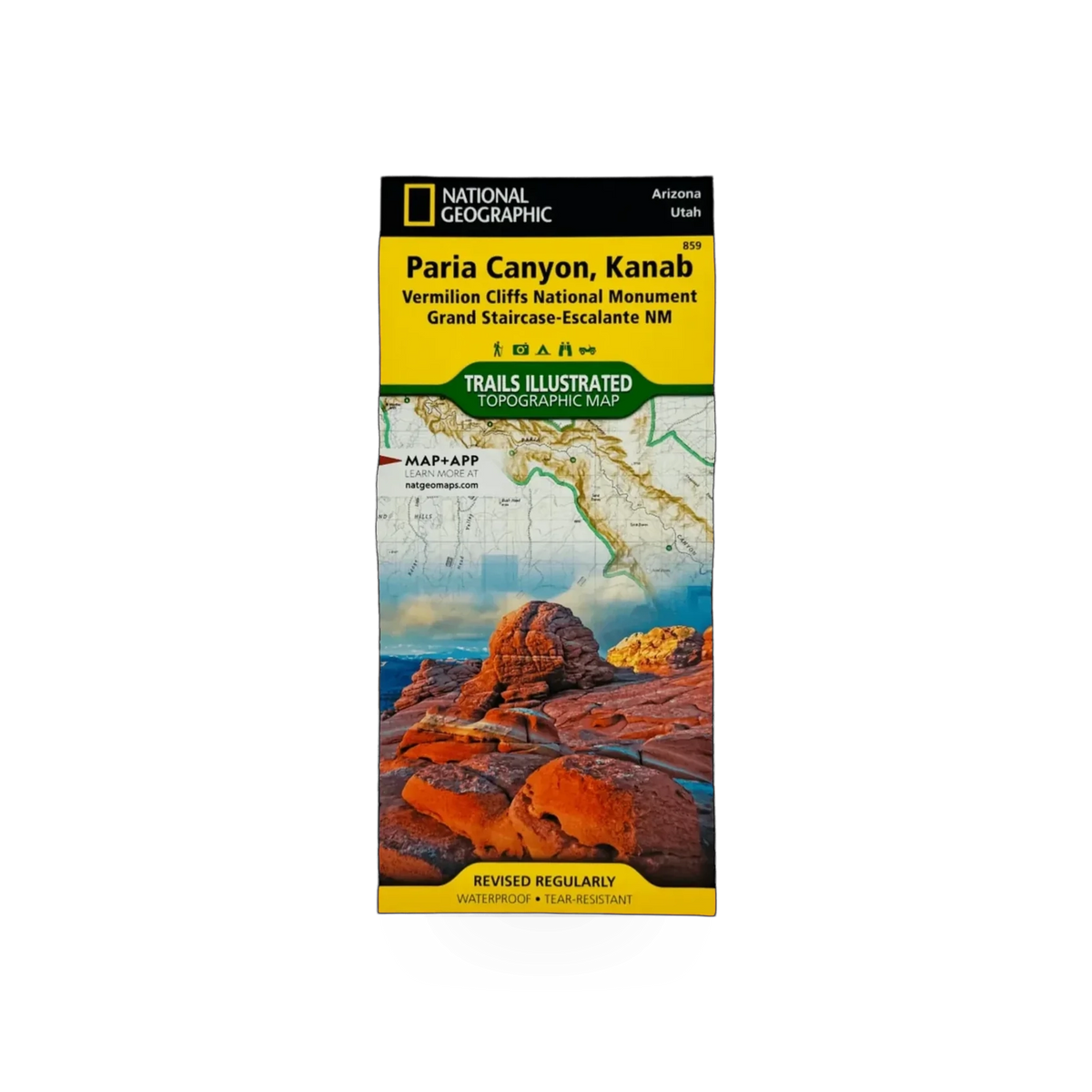 Detailed National Geographic map of Paria Canyon and Kanab area, showing topography, trails, and landmarks.