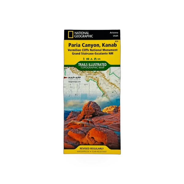Detailed National Geographic map of Paria Canyon and Kanab area, showing topography, trails, and landmarks.