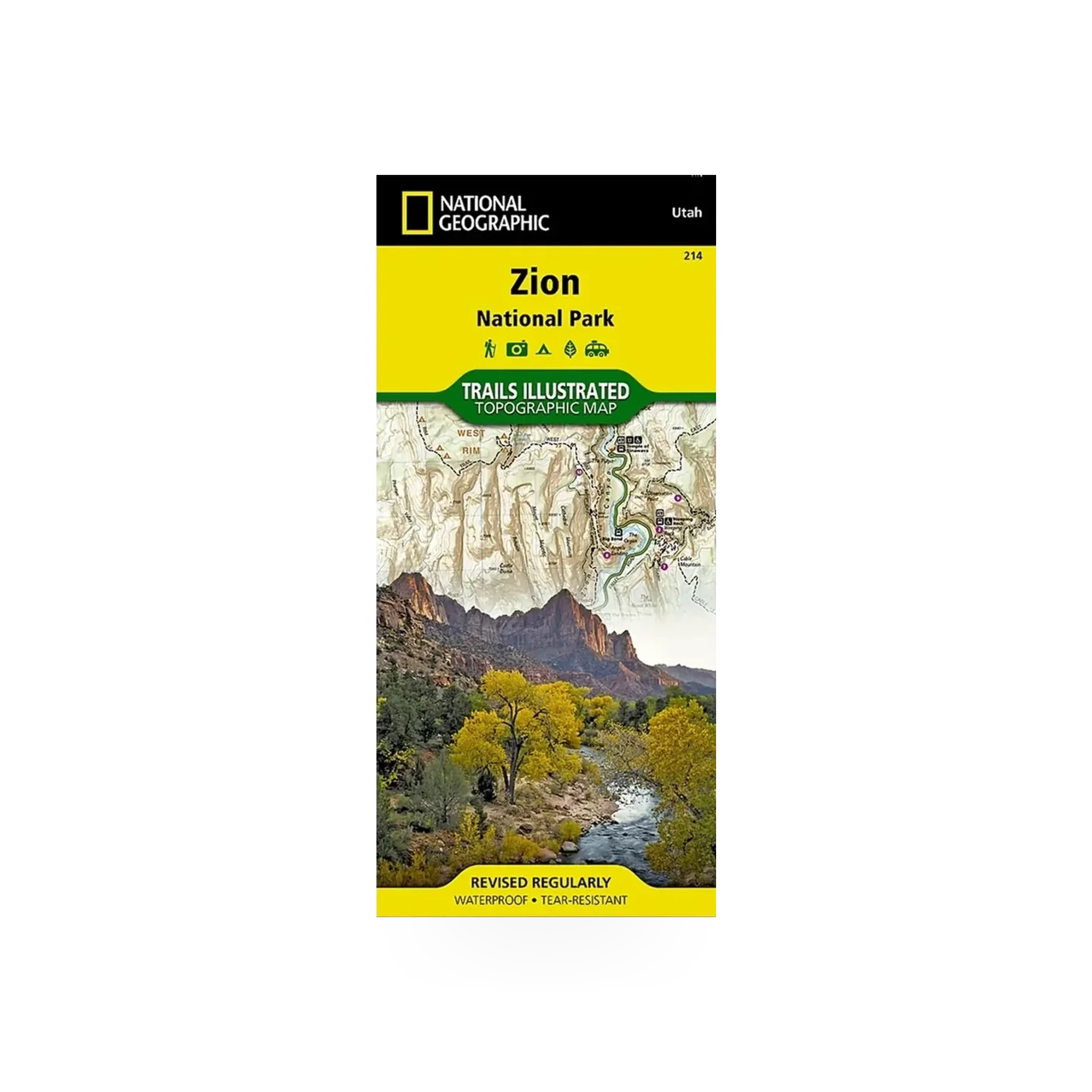 Detailed map of Zion National Park by National Geographic Maps, showing terrain, trails, and scenic viewpoints.