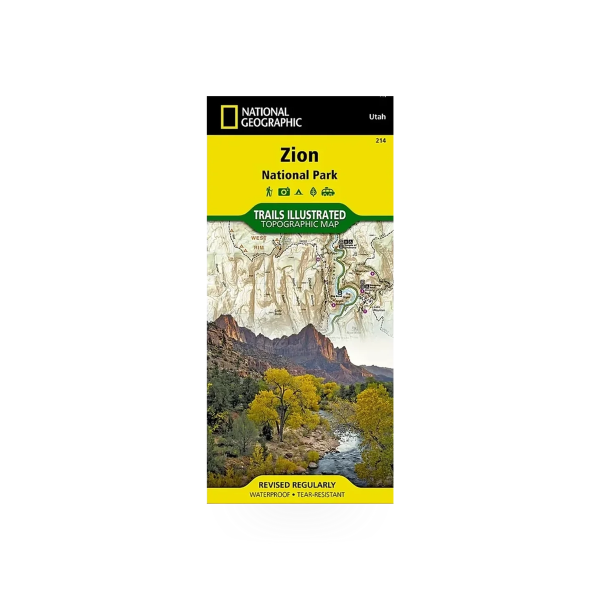 Detailed map of Zion National Park by National Geographic Maps, showing terrain, trails, and scenic viewpoints.