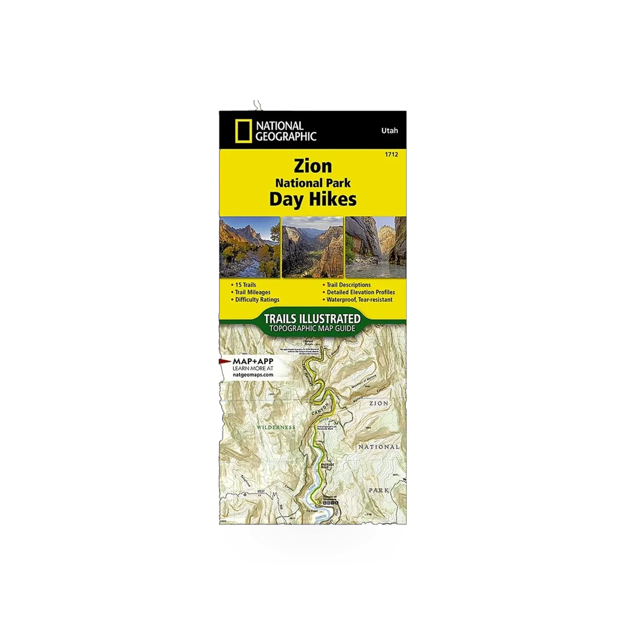 Detailed map of Zion National Park day hikes by National Geographic Maps, showing trails and terrain features.
