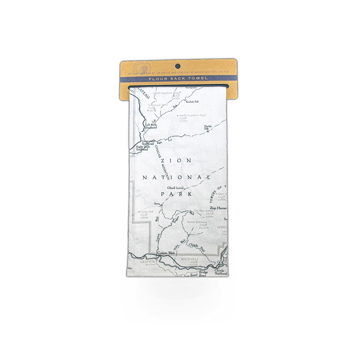 Cotton flour sack towel featuring a detailed Zion Map design by McGovern Maps, perfect for home or outdoor use.