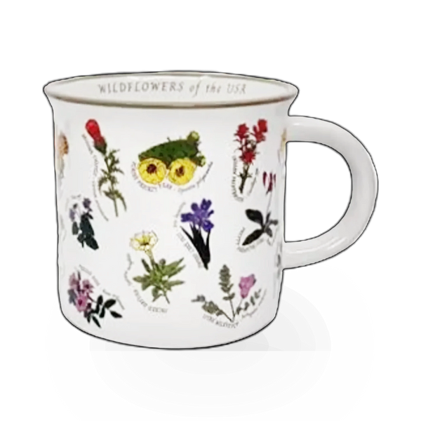 16 oz ceramic mug featuring wildflower illustrations from the Wildflowers of the USA theme by McGovern Maps.