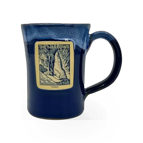 Navy Deneen Pottery mug with a classic shape and Deneen Narrows Navy theme, showcasing a handcrafted ceramic design.