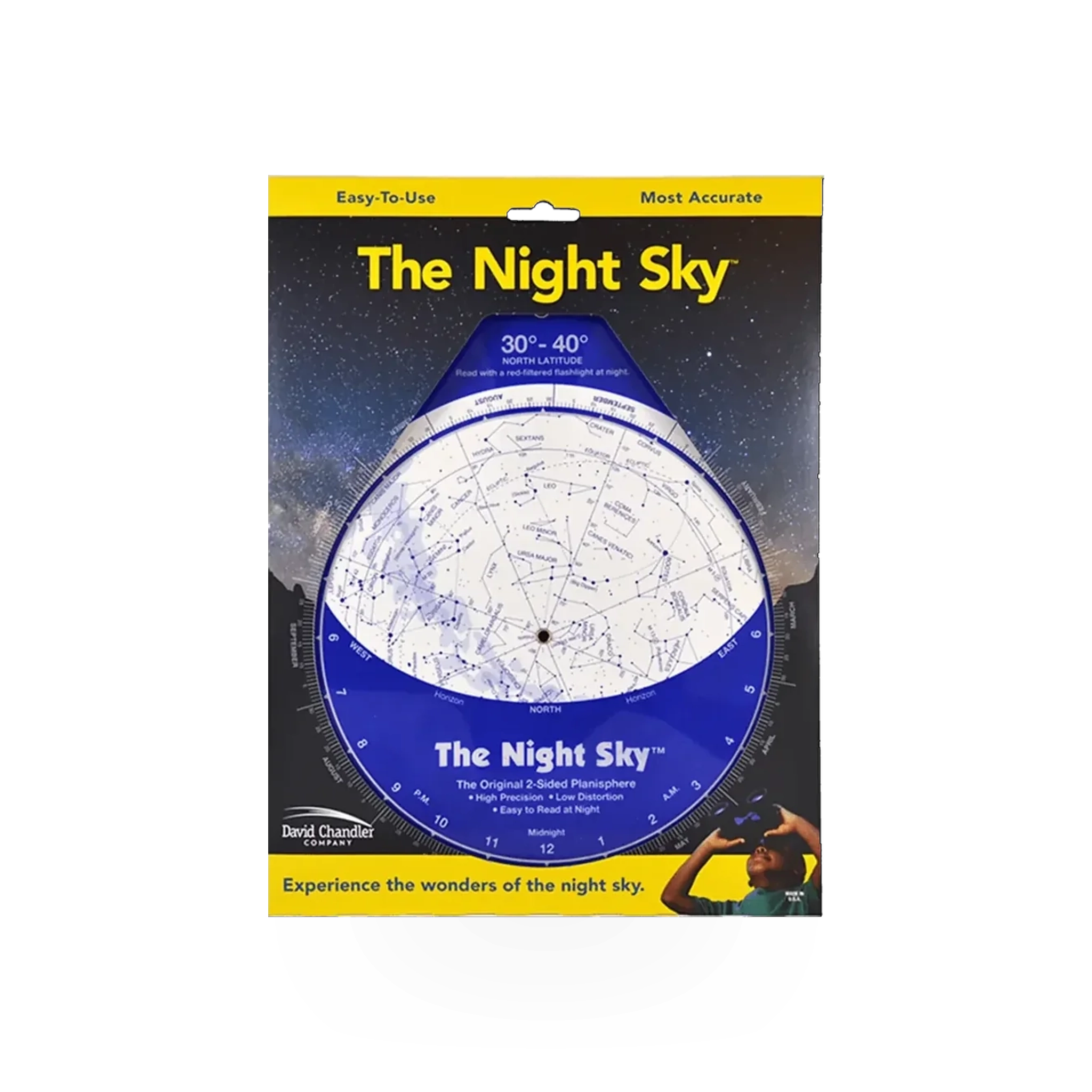 Night Sky planisphere by David Chandler Company, Inc., showing star maps and constellations against a dark sky background.