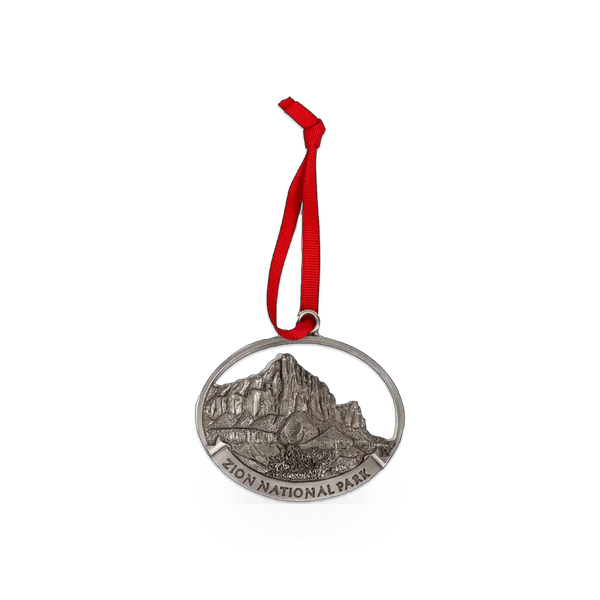 Pewter Zion Canyon themed ornament by Inner Peace Designs featuring a detailed canyon landscape.