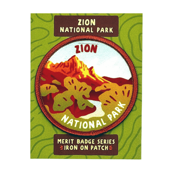 Eagle River Designs Zion National Park merit badge patch, 2.5-inch themed embroidered patch featuring park scenery and logo.