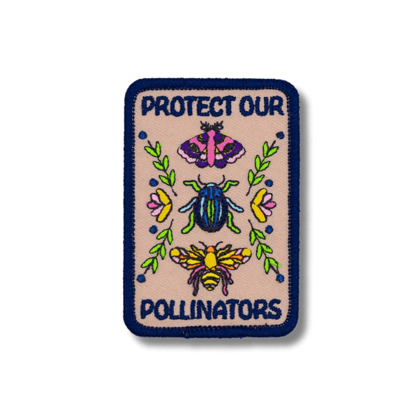 Outpatch Pollinators theme patch featuring colorful illustrations of bees and butterflies on a fabric patch for eco-friendly decor