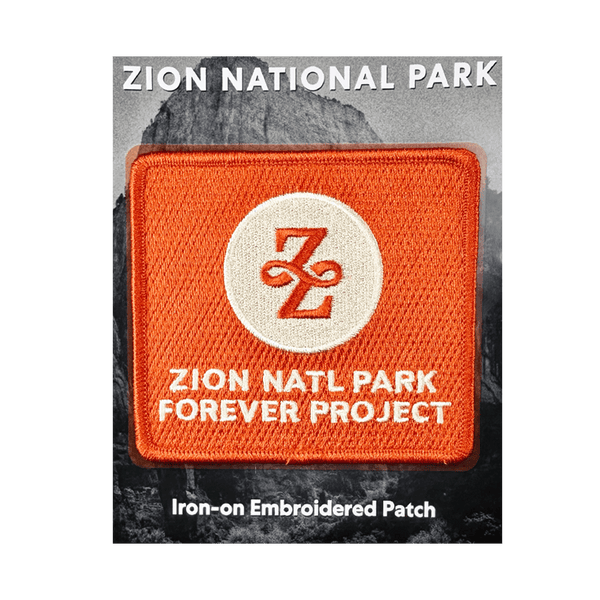 Orange square patch featuring Zion Forever theme by Hogeye, Inc., with detailed stitching and vibrant color for outdoor enthusiasts.