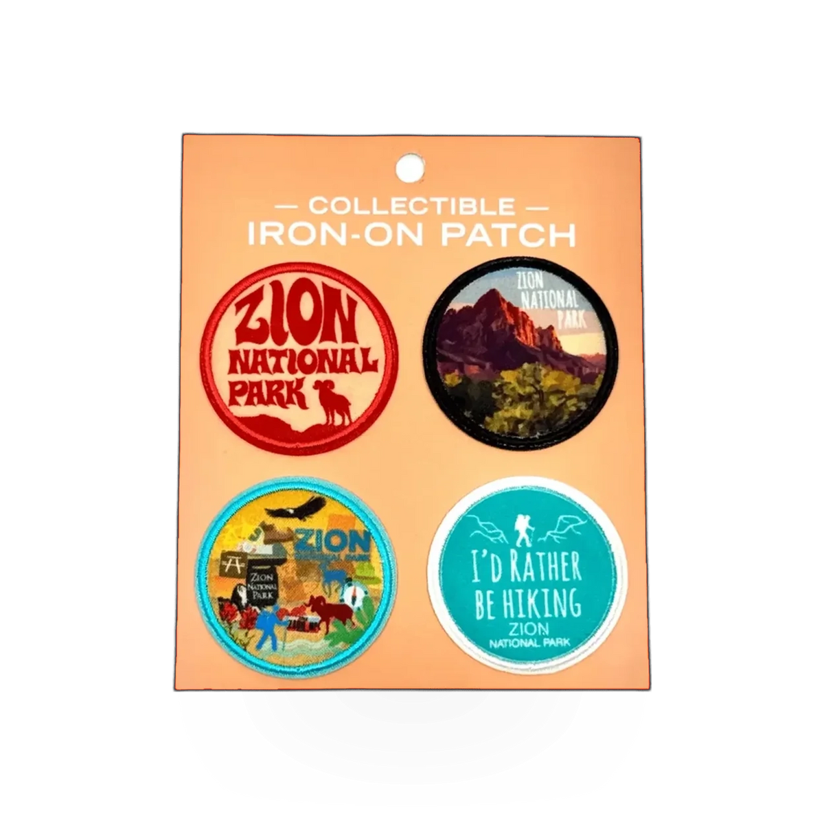 Set of four Zion Mini patches by Impact Photographics, featuring vibrant designs on fabric patches for customization.