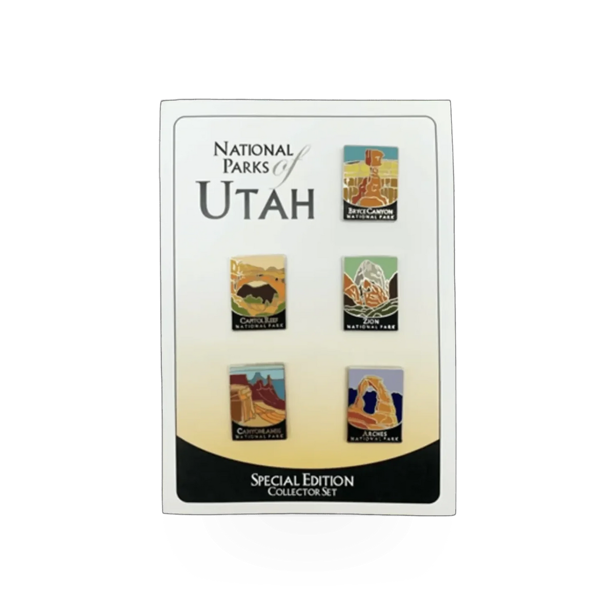 Set of five Eagle River Designs Utah National Parks themed enamel pins featuring iconic park symbols and landmarks.