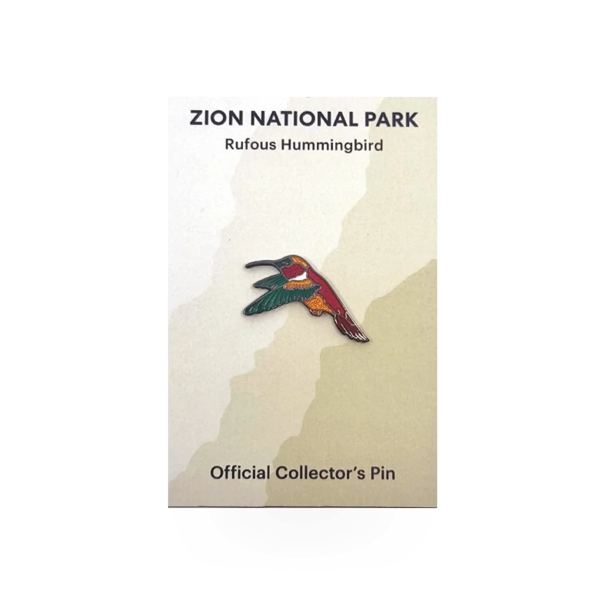 Rufous hummingbird themed pin by Eagle River Designs, detailed metal pin featuring a vibrant bird with outstretched wings.