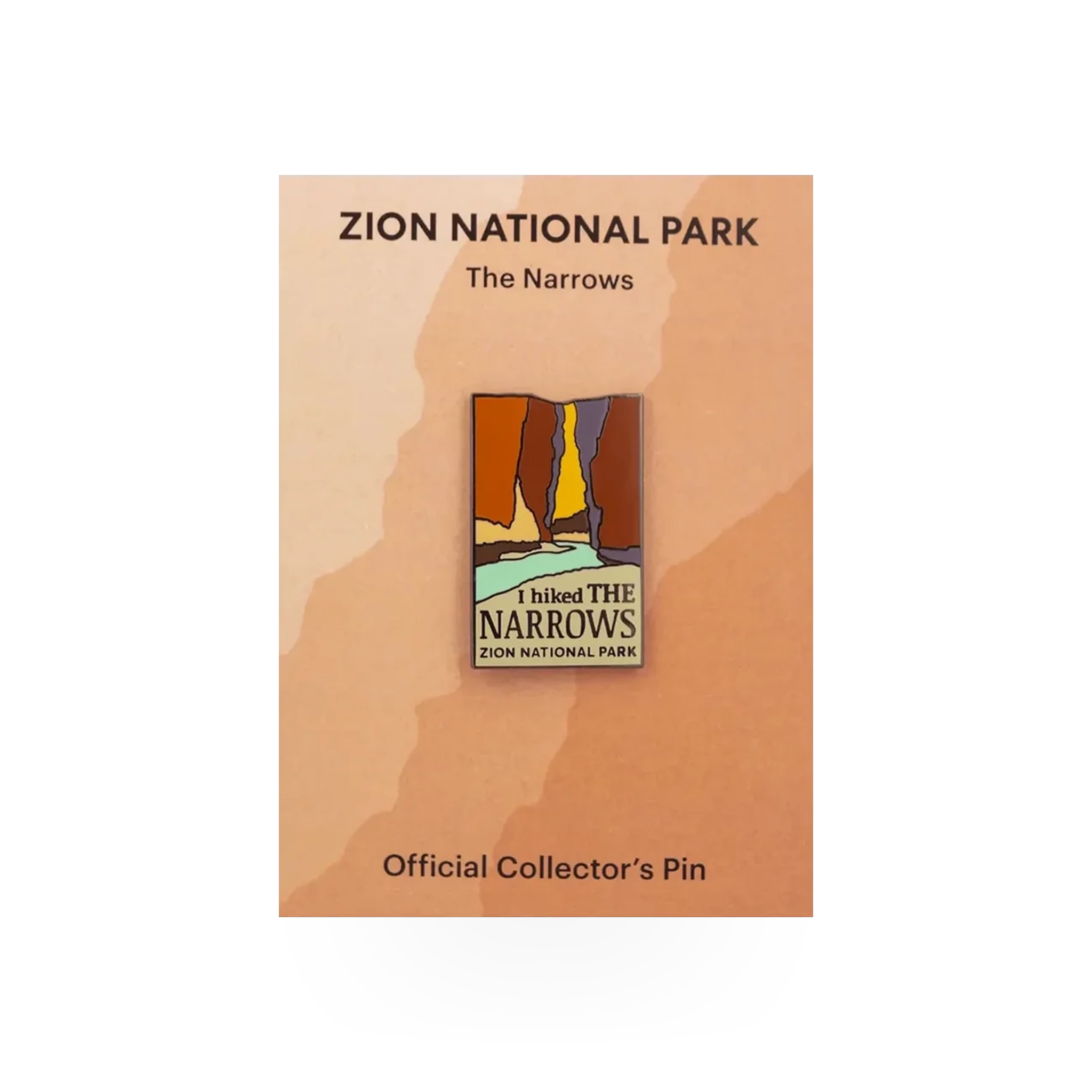 Eagle River Designs pin featuring "The Narrows" theme with detailed mountain and river artwork on a metal pin.