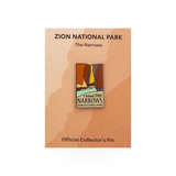 Eagle River Designs pin featuring "The Narrows" theme with detailed mountain and river artwork on a metal pin.