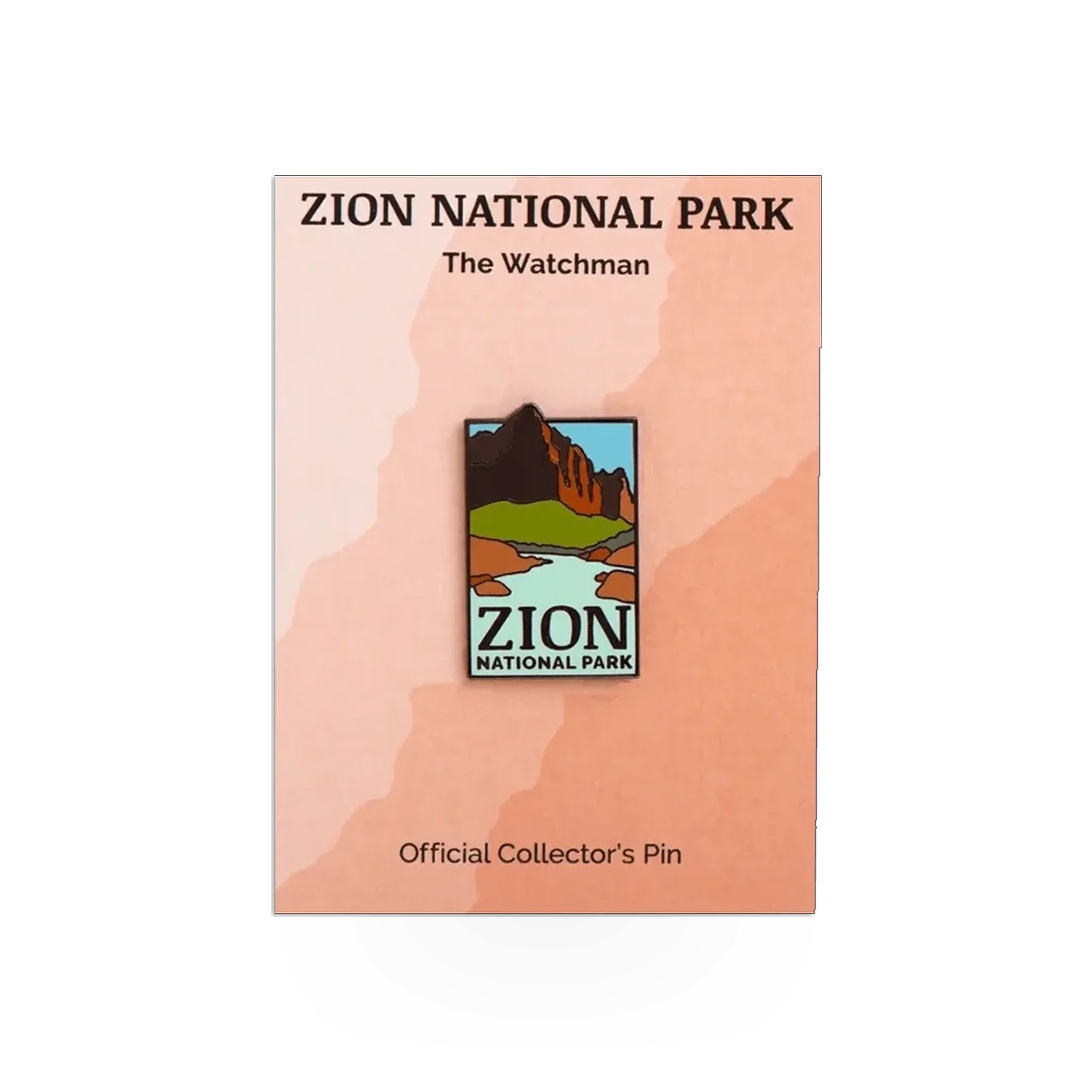 Eagle River Designs Zion Watchman themed pin featuring detailed artwork of the Zion Watchman rock formation in vibrant colors.