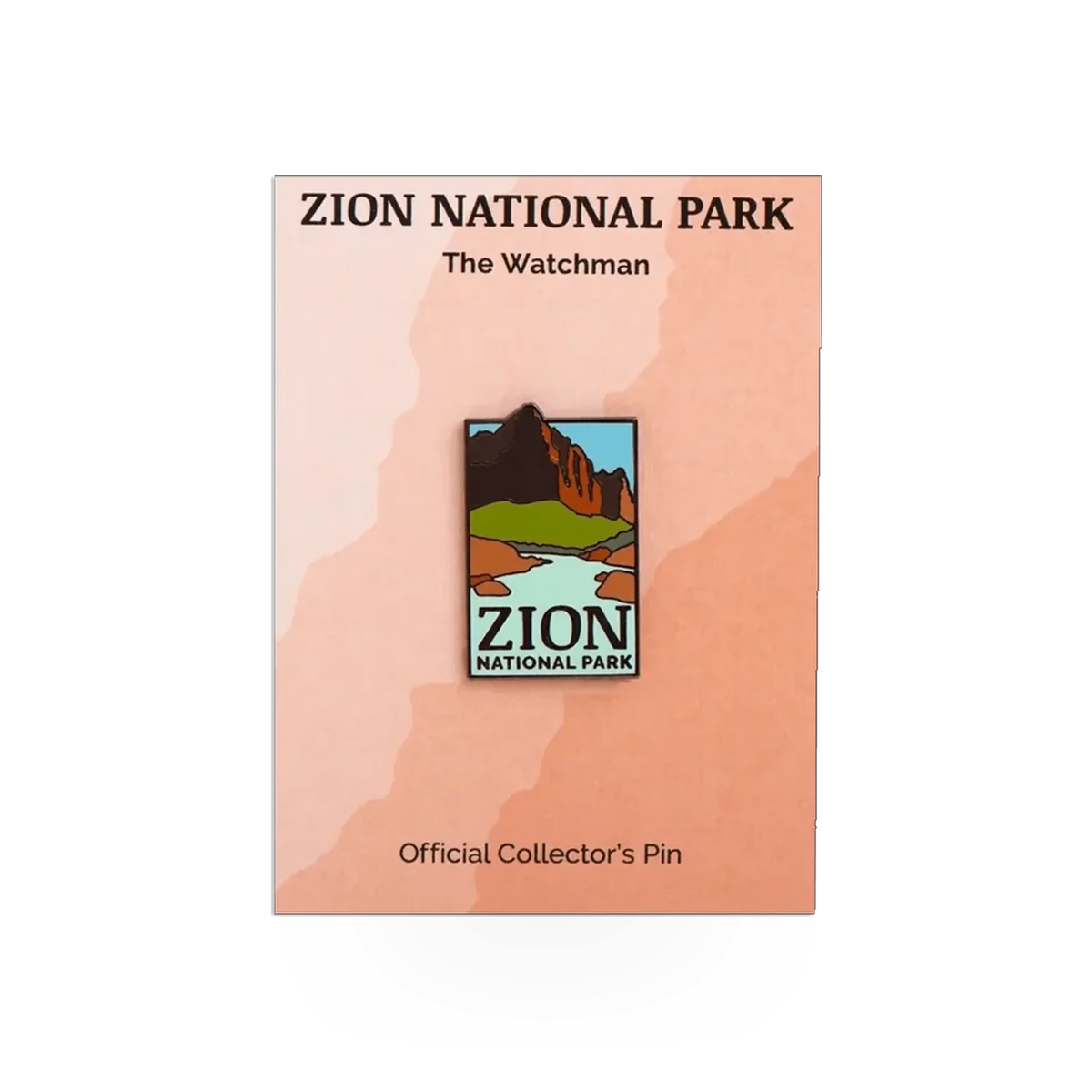 Eagle River Designs Zion Watchman themed pin featuring detailed artwork of the Zion Watchman rock formation in vibrant colors.