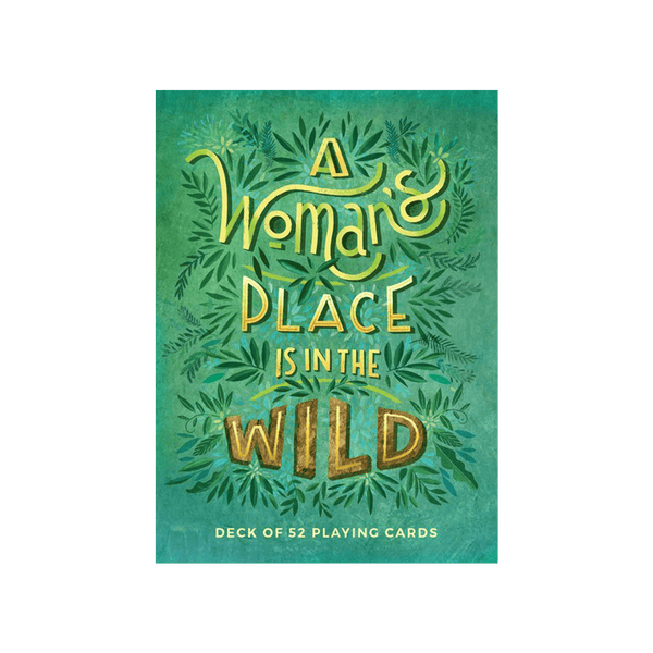 Set of playing cards titled "A Woman's Place" by Mountaineers Books, featuring colorful card designs on a flat surface.
