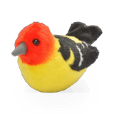 Soft plush Western Tanager bird toy by Wild Republic, featuring bright red and yellow feathers and detailed bird features.