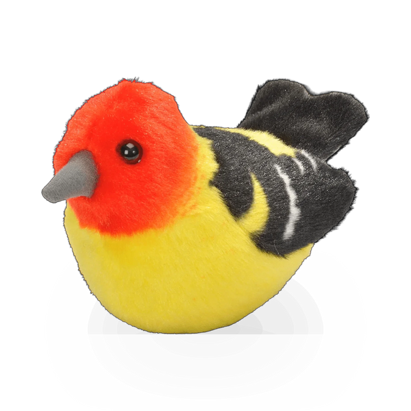 Soft plush Western Tanager bird toy by Wild Republic, featuring bright red and yellow feathers and detailed bird features.