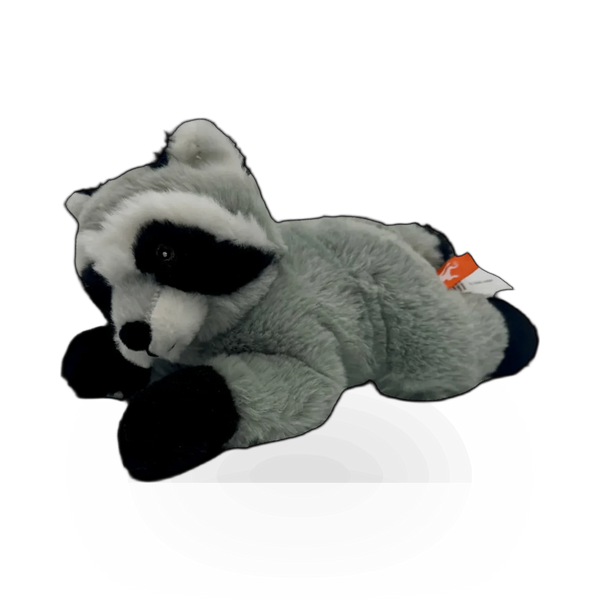 Soft plush raccoon Ecokins toy from Wild Republic, featuring realistic gray and white fur with black eyes and a cute, cuddly appearance.