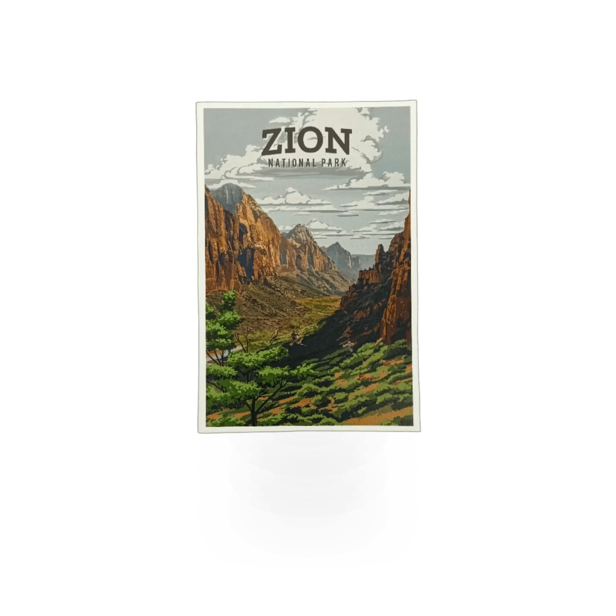 Postcard featuring Zion Canyon landscape with vibrant rock formations and scenic views, by Lantern Press.