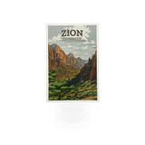 Postcard featuring Zion Canyon landscape with vibrant rock formations and scenic views, by Lantern Press.