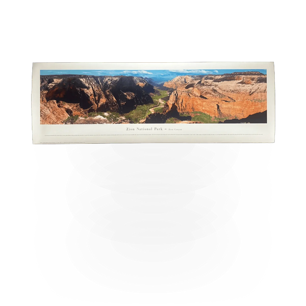Blakeway Zion 2 poster featuring a stunning aerial view of Zion National Park's rugged landscape and vibrant canyons.