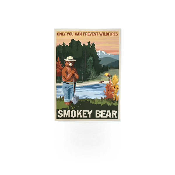 Smokey Bear poster by Impact Photographics showing Smokey Bear in a forest setting with vintage style artwork.