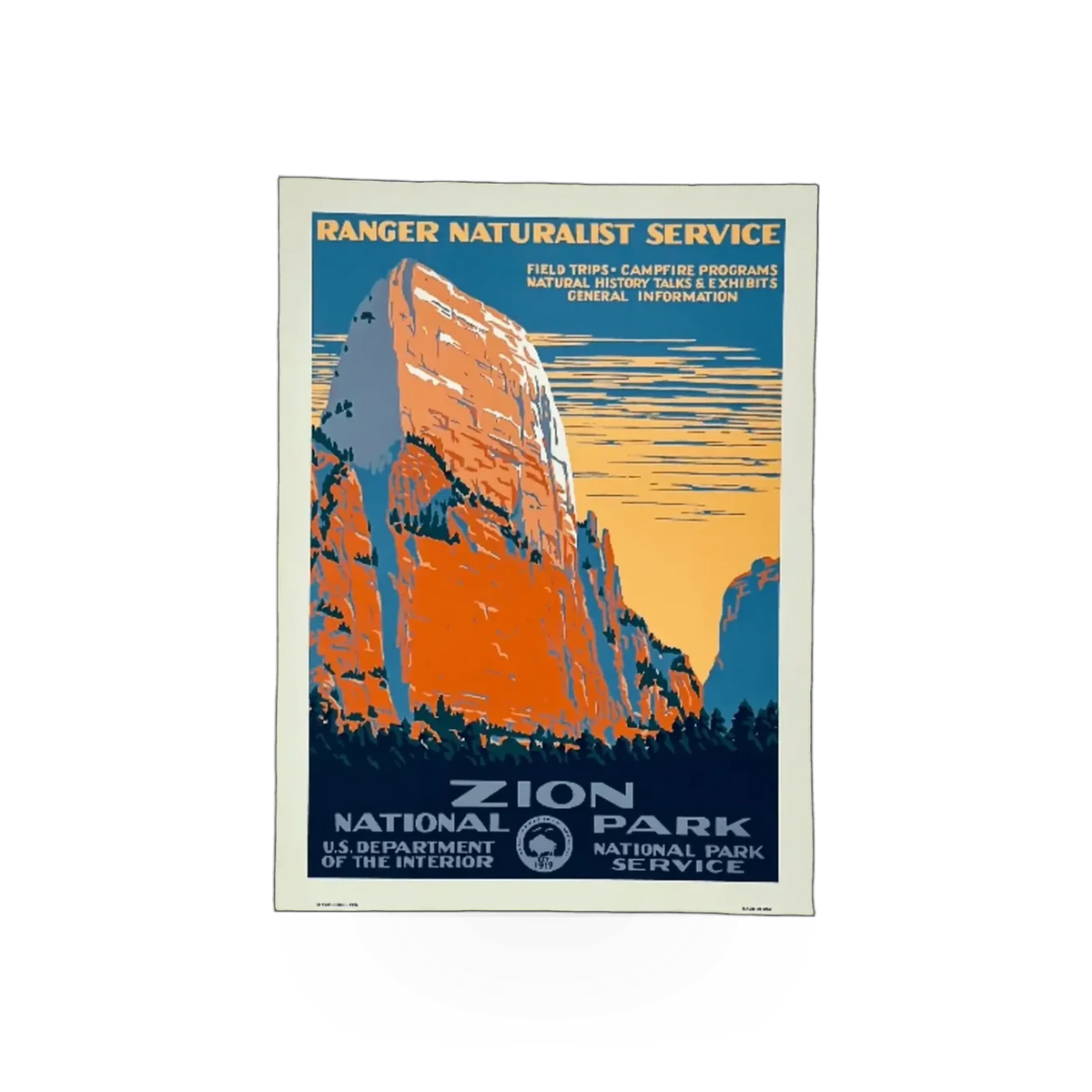 Colorful WPA Zion poster by Ranger Dougs Enterprise featuring scenic Zion National Park landscape artwork.